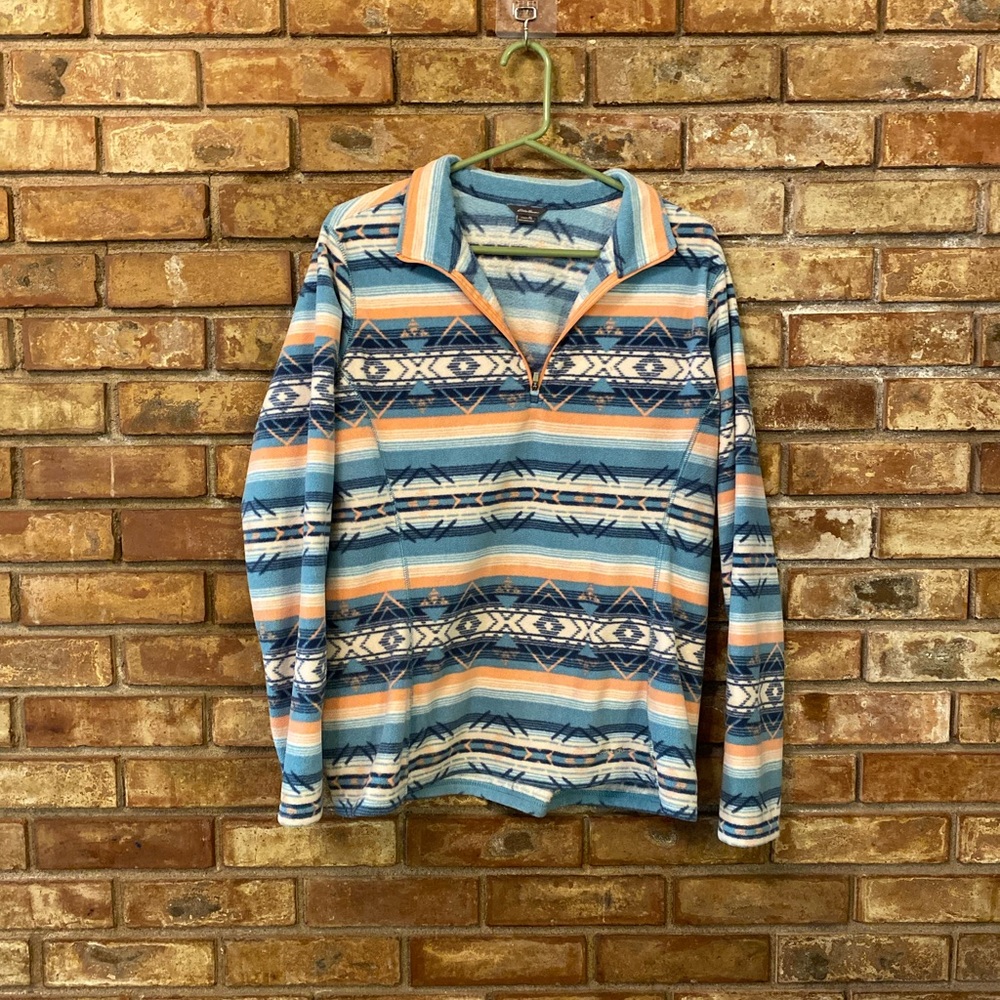 Eddie Bauer Blue and Orange Aztec Print Sweatshirt Quarter-Zip Fleece